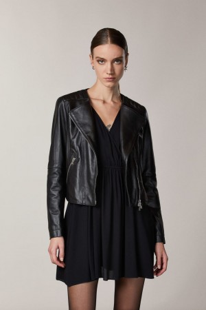 Patrizia Pepe Leather Biker Jacket With Top-stitching Siyah | LEA196425