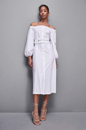 Patrizia Pepe Off-shoulder Dress With Belt Beyaz | WPS062843