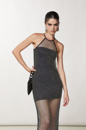 Patrizia Pepe Sleeveless Rhinestone Mesh Dress Siyah | KRV382906