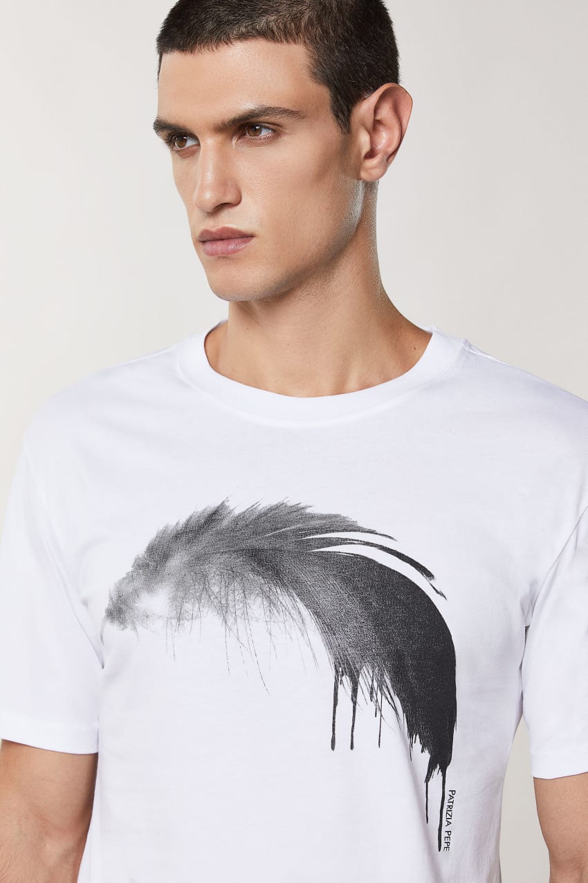 Patrizia Pepe Cotton T-shirt With Feather Print Beyaz | OSP480517