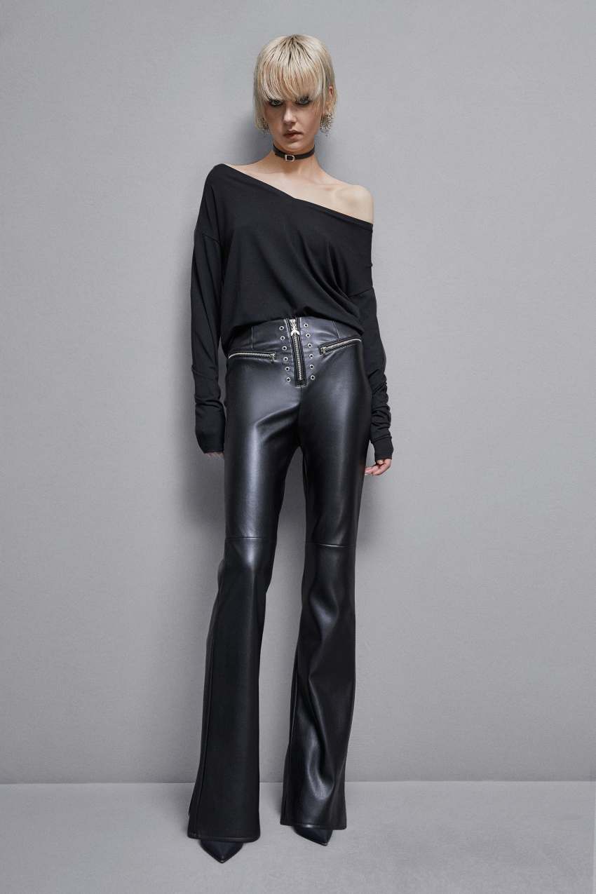 Patrizia Pepe Faux Leather High-waisted Flared Pants Siyah | THJ460173