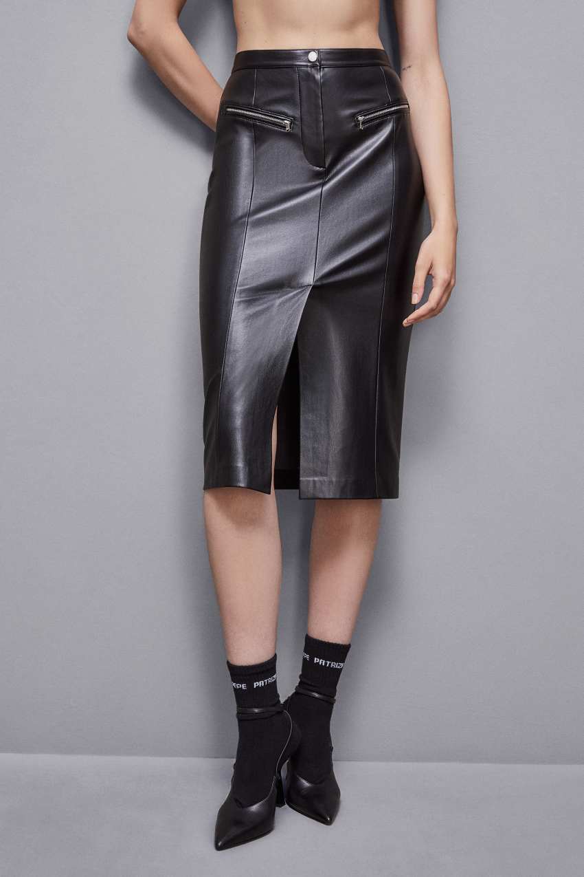 Patrizia Pepe High-waisted Midi Skirt In Faux Leather Siyah | GVT729156