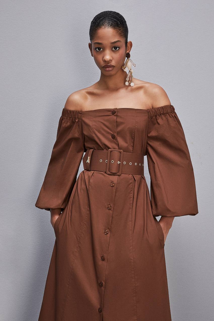 Patrizia Pepe Off-shoulder Dress With Belt Kahverengi | WDS479103