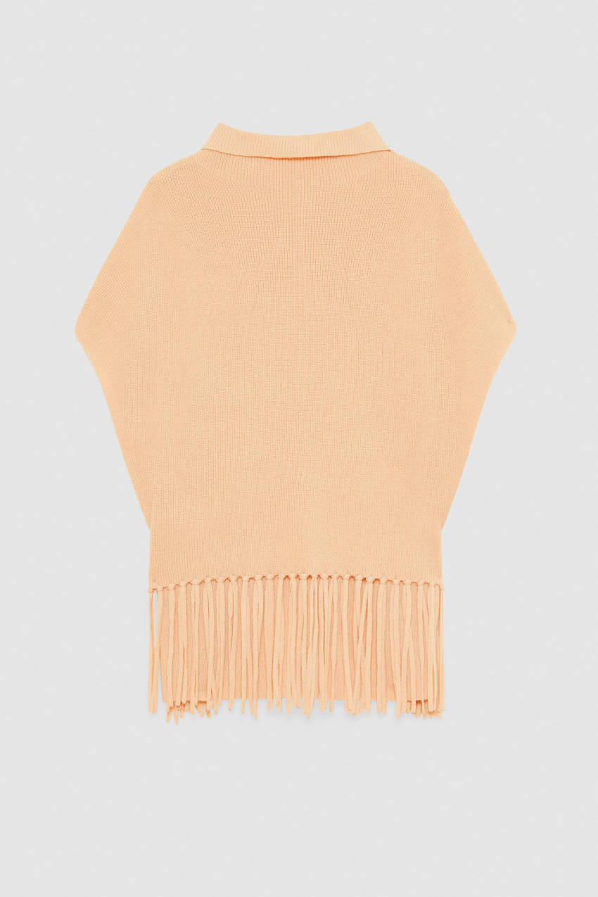 Patrizia Pepe Organic Wool Fringed Poncho Bej Rengi | BLW251894