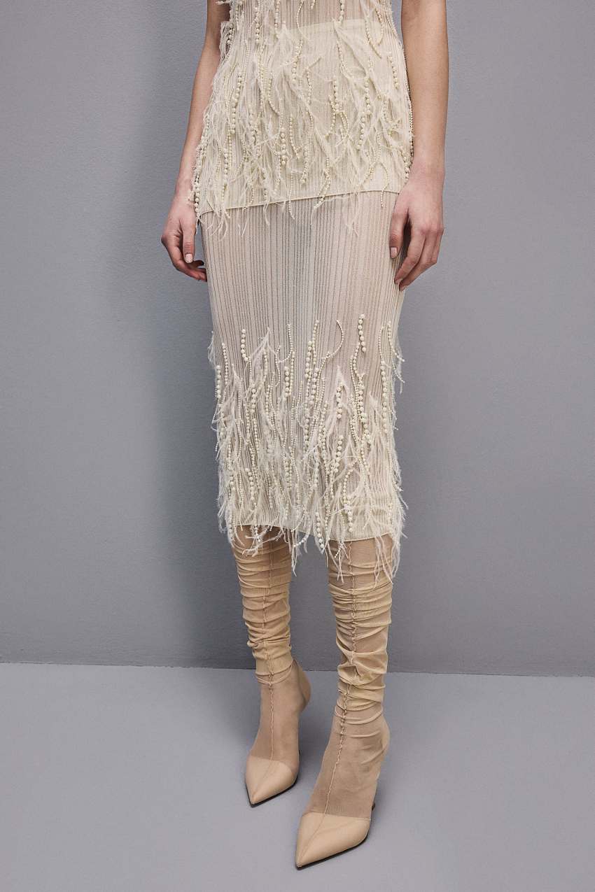 Patrizia Pepe Skirt With Feather And Pearl Embroidery Beyaz | GLP310629