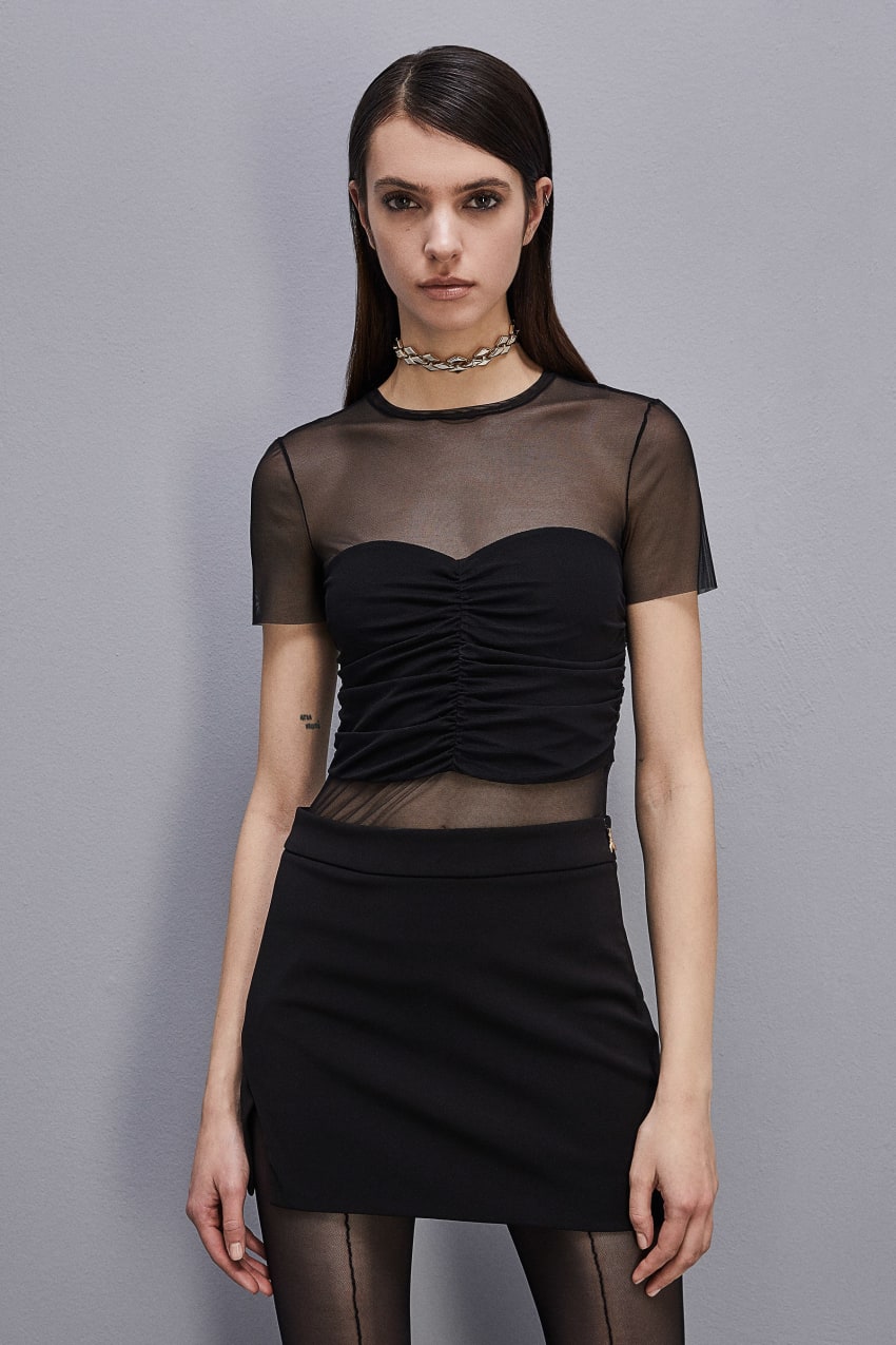 Patrizia Pepe Slim T-shirt In Stretch Tulle Siyah | DKG320947