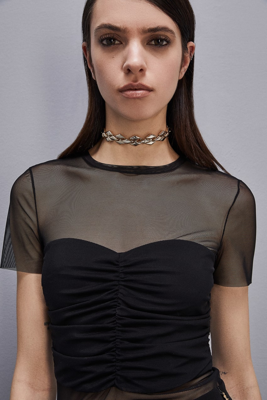 Patrizia Pepe Slim T-shirt In Stretch Tulle Siyah | DKG320947