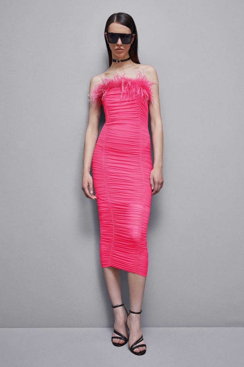 Patrizia Pepe Tulle And Jersey Midi Dress With Feathers Pembe | YPK820153