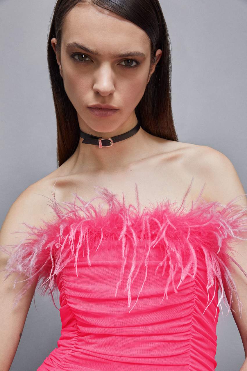 Patrizia Pepe Tulle And Jersey Midi Dress With Feathers Pembe | YPK820153